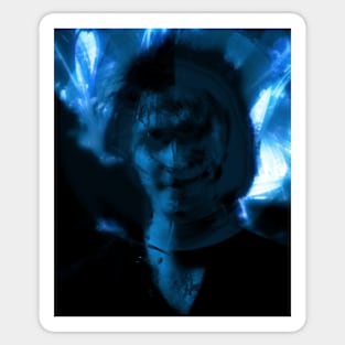 Portrait, digital collage and special processing. Man, like in night dreams. Demon. Blue like ice. Sticker